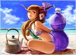  bad_id bad_pixiv_id barefoot beach beach_towel bikini blonde_hair blue_sky bottle bow breast_padding breasts cloud day gourd hair_bow horn_ribbon horns ibuki_suika kooribata leaning_forward long_hair looking_at_viewer maco_(macoillust) outdoors red_bow red_eyes ribbon sand sitting sky small_breasts solo summer swimsuit teapot tongue tongue_out touhou towel watermark 