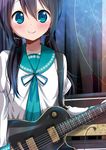  amplifier bangs black_hair blue_eyes blue_ribbon blush commentary_request electric_guitar guitar hair_between_eyes holding holding_instrument instrument les_paul long_hair long_sleeves looking_at_viewer low_twintails original ragho_no_erika ribbon school_uniform serafuku smile solo twintails upper_body 