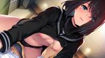  1girl bangs black_hair black_panties black_serafuku blue_eyes blush breast_grab breasts bulge game_cg girl_on_top grabbing hamashima_shigeo hetero looking_at_viewer medium_breasts mole mole_under_eye navel nipples no_bra no_pants open_clothes open_shirt panties parted_lips pov school_uniform seductive_smile serafuku shinsou_noise shirt short_hair smile solo_focus underwear yukimoto_sakura 