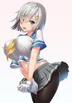  blue_eyes breasts covered_nipples grey_background hair_ornament hair_over_one_eye hairclip hamakaze_(kantai_collection) highres impossible_clothes impossible_shirt kantai_collection large_breasts pantyhose shirt short_hair silver_hair simple_background skirt solo tako_seijin 