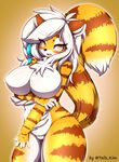  2016 anthro big_breasts black_nose blush breasts buxbi_(character) feline female fur hair looking_at_viewer mammal multicolored_fur nude open_mouth orange_fur simple_background slightly_chubby smile solo standing stripes tailzkim thicc thick_thighs tiger voluptuous white_fur white_hair wide_hips 