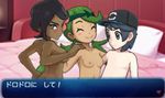  1boy 2girls ass ass_crack baseball_cap bed bedroom blush blush_stickers breasts cap dark_skin elite_four flower_ornament game_cg hand_on_shoulder looking_back lychee_(pokemon) male_protagonist_(pokemon_sm) mao_(pokemon) multiple_girls nipples nude pale_skin photoshop pokemon pokemon_game pokemon_sm smile speech_bubble text threesome topless trial_captain 