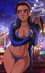  alejandra_(overwatch) bikini blue_bikini braid breasts brown_eyes brown_hair chromatic_aberration cigarette cleavage contrapposto cosplay cowboy_shot crossed_arms dark_skin earrings frown grid hair_over_shoulder hairband highres jacket jewelry large_breasts lips long_hair looking_away looking_to_the_side navel nose older open_clothes open_jacket overwatch shadman smoking soldier:_76_(overwatch) soldier:_76_(overwatch)_(cosplay) solo standing swimsuit thick_eyebrows twin_braids watermark web_address wide_hips 