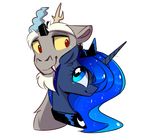  2016 alpha_channel antlers blue_eyes blue_fur blue_hair crown discord_(mlp) draconequus duo equine eye_contact female feral friendship_is_magic fur hair horn hug jewelry lunacordlover male mammal my_little_pony necklace portrait princess_luna_(mlp) red_eyes simple_background transparent_background unicorn yellow_sclera 