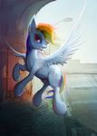  blue_feathers cutie_mark day equine feathered_wings feathers female feral friendship_is_magic hair hooves mammal multicolored_hair my_little_pony nude outside pegasus rainbow_dash_(mlp) rainbow_hair smile solo vitaj wings 