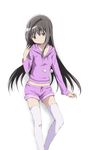  akemi_homura bangs black_hair drawstring hairband hairband_removed half-closed_eyes highres kinfuji lavender_legwear long_hair long_sleeves looking_at_viewer mahou_shoujo_madoka_magica midriff_peek pajamas pom_pom_(clothes) purple_eyes shorts simple_background smile solo thighhighs white_background 