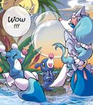  2016 askpopplio brionne clapping comic cute_fangs dialogue english_text eyes_closed faceless_character feral landscape mammal marine nintendo on_haunches partially_submerged pinniped pok&eacute;mon popplio primarina size_difference smile soap_bubble solo_focus speech_bubble sweat sweatdrop text video_games 
