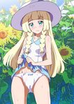  bangs blonde_hair blue_eyes blunt_bangs blush braid breasts cameltoe day dress dress_lift embarrassed flower hat lifted_by_self lillie_(pokemon) long_hair looking_at_viewer navel panties pokemon pokemon_(game) pokemon_sm revision shiny shiny_skin skirt skirt_lift sleeveless sleeveless_dress small_breasts solo standing sun_hat sundress sunflower sweat twin_braids underwear washizuka_shou white_dress white_hat white_panties 