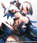  artist_name black_dress black_gloves blindfold breasts cleft_of_venus cowboy_shot dress gloves hairband large_breasts leotard mole mole_under_mouth nier_(series) nier_automata nipples patreon_username pussy redcomet sheath sheathed solo sword uncensored watermark weapon web_address white_hair white_leotard yorha_no._2_type_b 