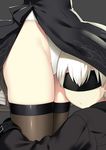  1girl :i :| bangs black_background black_dress black_gloves black_legwear blindfold close-up closed_mouth covered_eyes dress facing_viewer gloves highres hug leg_hug long_sleeves nier_(series) nier_automata out_of_frame pale_skin panties shiny shiny_clothes short_dress side_slit simple_background skindentation sky_(freedom) thighhighs under_clothes underwear white_dress white_hair white_panties yorha_no._2_type_b yorha_no._9_type_s 