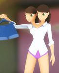  3d animated argue bottomless brown_hair conjoined debate dressing green_eyes morning multi_head multiple_girls multiple_heads panties pink ponytail shorts skirt twins white_shirt 