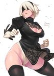  ass ass_visible_through_thighs black_dress black_legwear blindfold breasts cowboy_shot dated dress hairband huge_breasts mole mole_under_mouth nier_(series) nier_automata panties short_hair simple_background skindentation skirt solo thick_thighs thighhighs thighs underwear white_background white_hair white_panties yorha_no._2_type_b zheng 