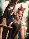  animal_ears bad_id bad_twitter_id bench black_legwear black_skirt brown_hair cerberus_(shingeki_no_bahamut) cloud cloudy_sky coat day draph eating food forte_(shingeki_no_bahamut) highres holding horns inaba_sunimi long_hair multiple_girls pleated_skirt red_eyes red_hair shingeki_no_bahamut sitting skirt sky taiyaki thighhighs tree wagashi zettai_ryouiki 