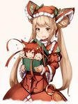  animal_ears bangs blonde_hair bow cerberus_(shingeki_no_bahamut) dog_ears double_bun frills green_eyes green_ribbon hair_ornament holding inaba_sunimi long_hair looking_at_viewer luna_(shadowverse) multiple_girls open_mouth red_eyes red_hair ribbon shadowverse shingeki_no_bahamut simple_background twintails very_long_hair white_background 