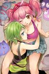  bare_shoulders blush breasts bustier choker cleavage frilled_skirt frills green_hair hairband hand_on_another's_head hug looking_at_another looking_back macross macross_delta makina_nakajima medium_breasts multiple_girls niina_ryou orange_eyes pink_hair pointy_ears reina_prowler short_hair sitting skirt smile stuffed_animal stuffed_toy twintails yuri 
