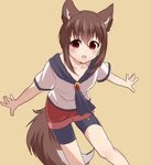  :o animal_ears bike_shorts brown_hair commentary_request fang genderswap genderswap_(ftm) hair_between_eyes imaizumi_kagerou jewelry leaning_forward looking_at_viewer male_focus open_mouth outstretched_arms red_eyes ruri_tsubame short_sleeves solo tail touhou wolf_ears wolf_tail yellow_background 