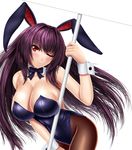  animal_ears bow bowtie breasts bunny_ears bunny_girl bunnysuit cleavage detached_collar fate/grand_order fate_(series) fishnet_pantyhose fishnets highres huge_breasts leaning_forward long_hair looking_at_viewer masatoki one_eye_closed pantyhose placard purple_hair red_eyes scathach_(fate)_(all) scathach_(fate/grand_order) sign smile solo tail wrist_cuffs 