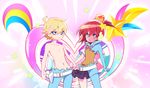  1girl absurdres alpha_omega_nova belt blonde_hair blue_eyes bodysuit clenched_hand contrapposto green_eyes hair_ornament heart helmet highres holding_hands holster looking_at_viewer luluco mg_nemuio red_hair school_uniform skirt spoilers standing star star_hair_ornament topless torn_clothes uchuu_patrol_luluco vest 