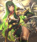  1girl armor breastplate breasts cloud commentary_request dress elbow_gloves fire_emblem fire_emblem:_monshou_no_nazo fire_emblem_heroes gloves green_dress green_eyes green_hair headband highres holding_polearm kaburagi_yasutaka long_hair medium_breasts nintendo paola pegasus_knight pillar ribbon shoulder_armor side_slit sky smile solo standing strap sunset thighhighs thighs weapon 