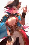  blue_eyes breasts contrapposto corset covered_navel fate/extra fate/grand_order fate_(series) francis_drake_(fate) hat highres lack large_breasts long_hair looking_at_viewer pink_hair pirate_hat scar smile solo standing white_legwear wrist_cuffs 