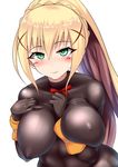  blonde_hair bodysuit breasts covered_nipples darkness_(konosuba) green_eyes kono_subarashii_sekai_ni_shukufuku_wo! large_breasts light_smile long_hair looking_at_viewer simple_background smile solo white_background yottan 