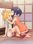  :o bangs_pinned_back barefoot bed bedroom bedside blonde_hair blue_hair blush bow closed_eyes dress flip_flappers forehead_kiss from_side hair_bobbles hair_bow hair_ornament hair_ribbon indoors kiss kneeling kokomine_cocona multiple_girls niina_ryou no_shoes on_floor open_mouth orange_dress overalls profile purple_eyes ribbon room shirt short_hair short_twintails sidelocks sitting sleeveless sleeveless_dress socks t-shirt toe_scrunch twintails twitter_username yayaka younger yuri 