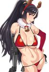  antlers bell bell_collar bikini biting black_hair blush breasts christmas cleavage collar contrapposto cowboy_shot cross_ange elbow_gloves fur_collar gloves hand_on_hip jill_(cross_ange) large_breasts lip_biting lipstick long_hair looking_at_viewer makeup mechanical_arm navel ponytail red_bikini reindeer_antlers shiny shiny_hair shiny_skin side-tie_bikini simple_background single_elbow_glove single_glove solo standing swimsuit teeth tenchisouha thighhighs underboob white_background 