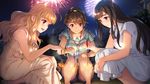  3girls bare_arms black_hair blonde_hair blush breasts brown_hair dress fireworks game_cg grass hamashima_shigeo happy highres holding kazama_natsuki legs long_hair looking_down momozono_moka multiple_girls necklace night ootori_yuriko open_mouth original outdoors pink_eyes ponytail purple_eyes red_eyes shinsou_noise:_jushin_tantei_no_jikenbo shorts sky sleeveless smile sparkler squatting thighs white_dress 