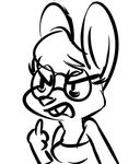  2016 angry anthro black_and_white buckteeth clothed clothing disney eyewear fan_character female glasses half-length_portrait inkyfrog lagomorph mammal maxine_d&#039;lapin middle_finger monochrome portrait rabbit reaction_image simple_background solo teeth white_background zootopia 