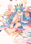  aqua_eyes aqua_hair artist_name atdan barefoot bug butterfly feet flower full_body hatsune_miku head_wreath highres insect long_hair looking_at_viewer md5_mismatch nail_polish open_mouth sitting solo toenail_polish twintails very_long_hair vocaloid wings 