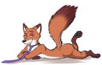  2016 anthro black_pawpads brown_fur butt canine disney fox fur jonas-puppeh looking_at_viewer lying male mammal necktie nick_wilde nude orange_fur pawpads paws raised_tail simple_background smile solo white_background white_fur zootopia 