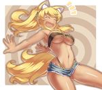  1girl :d ^^ animal_ears beltbra blonde_hair breasts dark_skin extra_ears eyebrows eyebrows_visible_through_hair large_breasts liru long_hair monosenbei o-ring_top open_mouth renkin_san-kyuu_magical_pokaan shiny shiny_skin smile solo underboob wolf_ears 