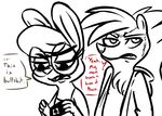  2016 anthro buckteeth chest_tuft clothed clothing dialogue disney duo english_text eyewear fan_character female glasses hugh_muskroura inkyfrog lagomorph male mammal maxine_d&#039;lapin nipples open_hoodie rabbit restricted_palette simple_background skunk teeth text tuft white_background zootopia 