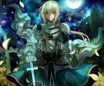  airgetlam_(fate) armor bedivere blonde_hair fate/grand_order fate_(series) flower full_moon knight long_hair male_focus moon petals planted_weapon solo sword weapon yuu_(pixiv769259) 