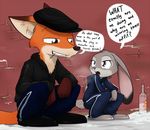  2016 alcohol anthro barefoot beret beverage bottle buckteeth canine clothing crouching dialogue disney duo english_text female fox fur gopnik green_eyes grey_fur hat hoodie inner_ear_fluff judy_hopps lagomorph long_ears male mammal nick_wilde orange_fur outside purple_eyes rabbit sandwich-anomaly slav_squat teeth text tracksuit vodka zootopia 