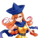  alena_(dq4) belt blue_cape blue_hat breasts brown_gloves cape closed_mouth commentary curly_hair dragon_quest dragon_quest_iv dress earrings funnyari gloves hat jewelry light_smile long_hair looking_at_viewer medium_breasts orange_dress orange_hair red_eyes simple_background sleeveless sleeveless_dress solo standing upper_body white_background 