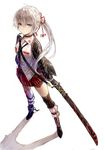  black_legwear blue_eyes boots full_body highres holding holding_sword holding_weapon kim_eb long_hair looking_at_viewer necktie original ponytail sheath sheathed silver_hair skirt solo sword thighhighs weapon 