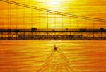  akashi_kaikyou boat bridge bus calligraphy_brush_(medium) car ground_vehicle motor_vehicle no_humans ocean original scenery silhouette sunlight sunset train truck wake watercraft 