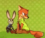  2016 anthro bulletproof_vest canine clothed clothing crouching disney dotted_background duo female fox judy_hopps lagomorph male mammal nick_wilde partymeowth pattern_background police_uniform rabbit simple_background sitting uniform zootopia 