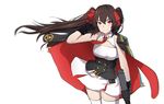  arm_up bangs bare_arms belt belt_pouch black_gloves blurry breasts brown_eyes brown_hair buckle cape cleavage closed_mouth collarbone corset cowboy_shot eyebrows_visible_through_hair girls_frontline gloves gun hair_between_eyes hair_ribbon hand_in_hair holding holding_gun holding_weapon long_hair looking_at_viewer medium_breasts necktie pouch qbz-97 qbz-97_(girls_frontline) red_neckwear red_ribbon ribbon simple_background skirt smile solo thighhighs twintails very_long_hair weapon white_background white_legwear white_skirt wind xiujia_yihuizi zettai_ryouiki 