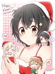  4girls black_hair brown_eyes chibi christmas cup dress drinking_glass drunk eighth_note gift hat heart high_school_fleet highres irako_mikan long_hair minigirl misaki_akeno multiple_girls munetani_mashiro musical_note red_dress santa_hat short_hair solo_focus speech_bubble spoken_heart spoken_musical_note spoken_sweatdrop sweatdrop triangle_mouth wilhelmina_braunschweig_ingenohl_friedeburg wine_glass yasaka_shuu 