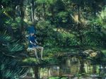  ankle_wrap bandages blue_eyes blue_hair fishing fishing_rod forest japanese_clothes male_focus nature pippi_(pixiv_1922055) pond ponytail sandals sayo_samonji shorts solo touken_ranbu tree 