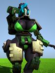  2016 3d_(artwork) anthro anthroanim bastion_(overwatch) big_breasts big_butt bow bra breasts butt cleavage clothed clothing crossgender cybernetics cyborg day digital_media_(artwork) female grass huge_breasts huge_butt looking_at_viewer machine outside overwatch panties pose robot simple_background sky solo standing thick_thighs underwear video_games weapon wide_hips 