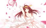 absurdres ahoge bare_shoulders blush bouquet bouquet_toss breasts brown_eyes brown_hair cleavage double_bun dress elbow_gloves flower fm gloves hairband highres kantai_collection kongou_(kantai_collection) large_breasts long_hair looking_at_viewer petals rose rose_petals smile solo strapless strapless_dress wedding_dress white_dress white_gloves 