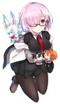  character_doll fate/grand_order fate_(series) fou_(fate/grand_order) fujimaru_ritsuka_(female) fujimaru_ritsuka_(male) glasses hair_over_one_eye highres mash_kyrielight necktie pantyhose pink_hair purple_eyes sakofu short_hair simple_background solo 