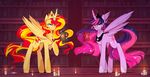  2016 absurd_res book candle crown cutie_mark duo equestria_girls equine feathered_wings feathers female feral friendship_is_magic green_eyes hair hi_res horn inside jewelry levitation long_hair looking_at_viewer magic mammal multicolored_hair my_little_pony necklace novabytes purple_eyes smile standing sunset_shimmer_(eg) twilight_sparkle_(mlp) two_tone_hair winged_unicorn wings 