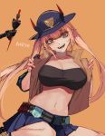  1girl 666 absurdres bangs bra breasts collarbone da_(dsasd751) girls_frontline gun hat highres horns large_breasts long_hair looking_at_viewer m870_(girls_frontline) mechanical_tail midriff navel open_mouth orange_hair red_eyes remington_870 shotgun shotgun_shells simple_background sitting skirt smile solo tail thighs twintails underwear weapon 