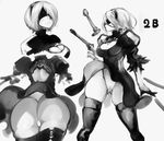 ass backless_dress backless_outfit bad_id bad_twitter_id black_footwear black_legwear blindfold boots breasts cleavage dress from_behind greyscale large_breasts legs mole mole_under_mouth monochrome multiple_views nier_(series) nier_automata nuezou panties pantyshot pantyshot_(standing) short_hair skindentation standing sword thighs thong underwear upskirt weapon yorha_no._2_type_b 