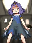  1girl :3 acerola_(pokemon) bare_shoulders blush child closed_mouth dress e10 elite_four flat_chest from_below hair_ornament looking_at_viewer looking_down nintendo pokemon pokemon_(game) pokemon_sm purple_eyebrows purple_eyes purple_hair shiny shiny_skin solo standing torn_clothes torn_dress trial_captain 