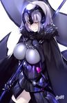  armor black_legwear breasts cape chain fate/grand_order fate_(series) flag fur_trim gauntlets highres jeanne_d'arc_(alter)_(fate) jeanne_d'arc_(fate)_(all) large_breasts onodera_(einsatz) sheath sheathed simple_background smile solo sword thighhighs weapon white_background yellow_eyes 